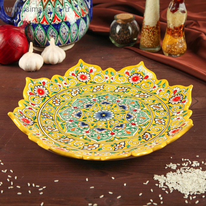 Ляган Риштанская Керамика Ляган Риштанская Керамика "Цветы", 31 см, жёлтый микс, рифлённый