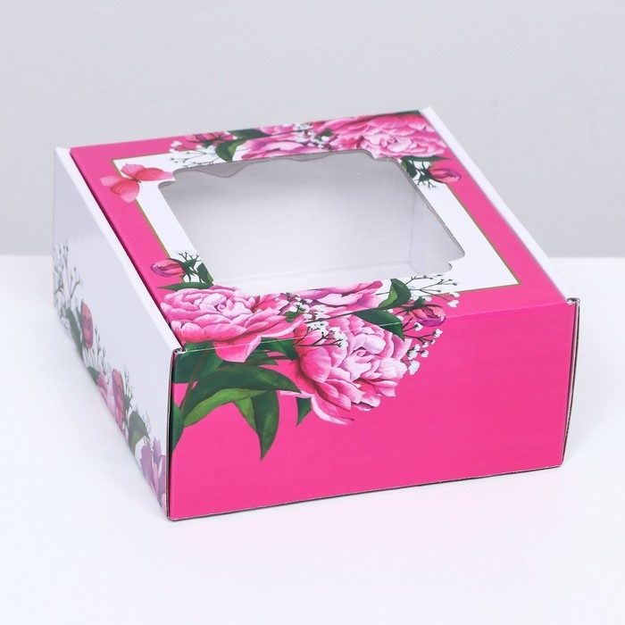Коробка самосборная, с окном, Коробка самосборная, с окном, "Весенние пионы", 19 х 19 х 9 см набор 5 шт