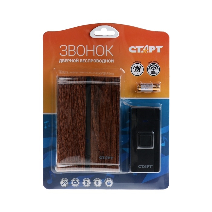 Звонок СТАРТ Б/З 005, беспроводной, 36 мелодий, 80 м, 2xAA (не в комплекте) /1xA23, чёрный Звонок СТАРТ Б/З 005, беспроводной, 36 мелодий, 80 м, 2xAA (не в комплекте) /1xA23, чёрный