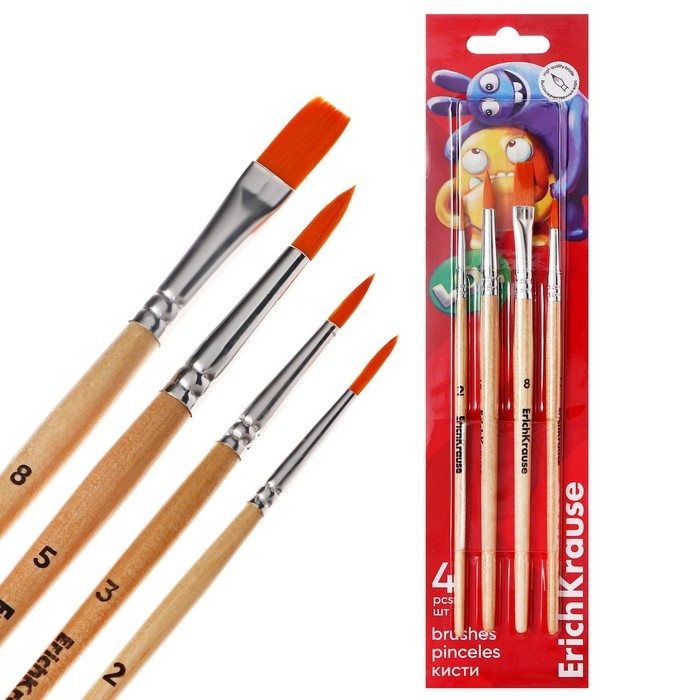 Набор кистей синтетика 4 штуки, ErichKrause Набор кистей синтетика 4 штуки, ErichKrause "JollyFriends" для акварели и гуаши, в блистере