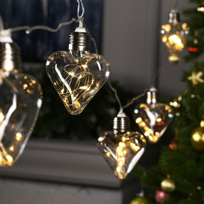 Гирлянда &laquo;Нить&raquo; 3 м с насадками &laquo;Лампочки сердца&raquo;, IP20, прозрачная нить, 80 LED, свечение тёплое белое, 8 режимов, 220 В