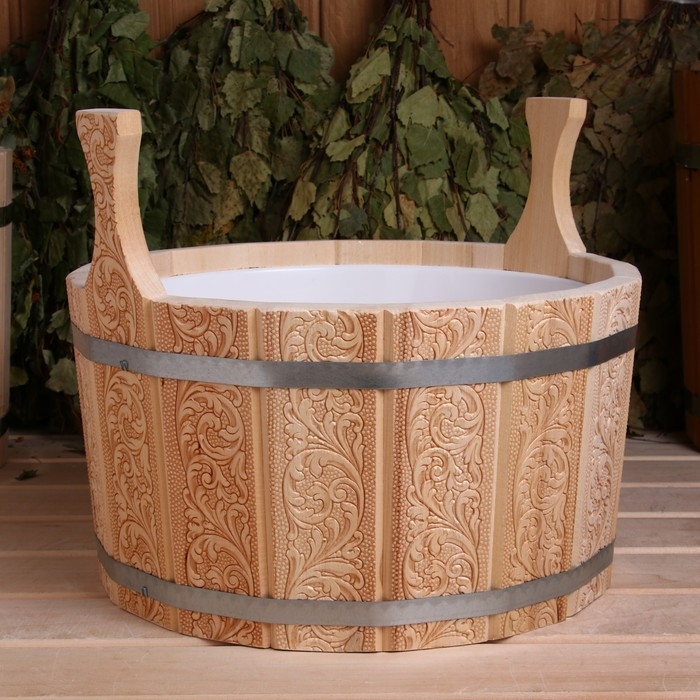 Шайка из липы круглая, 8л, пластиковая вставка Русский узор Шайка из липы круглая, 8л, пластиковая вставка Русский узор