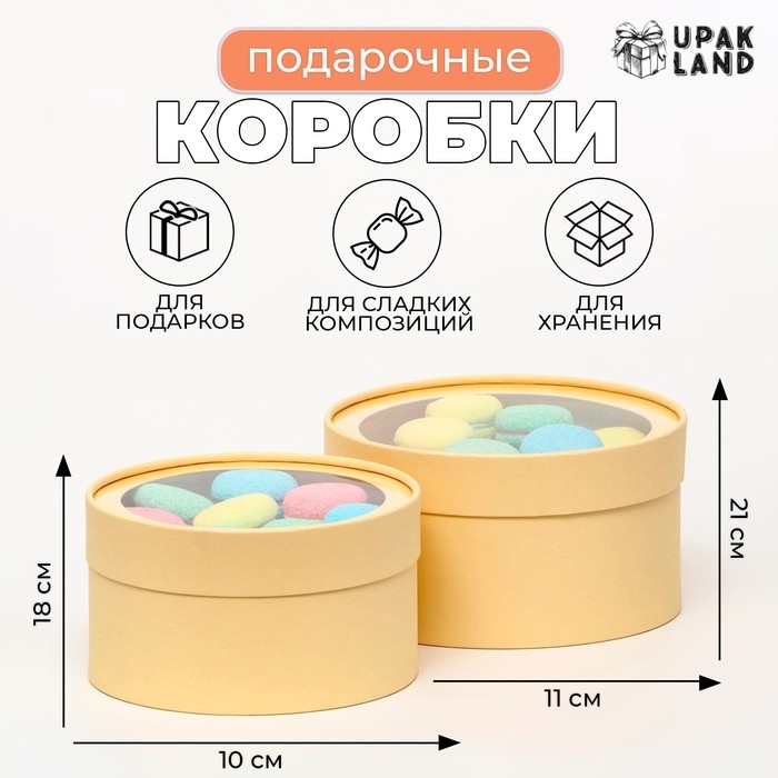 Набор 2 в 1 круглых коробок с окном, кремовый, 21 х 11 - 18 х 10 см Набор 2 в 1 круглых коробок с окном, кремовый, 21 х 11 - 18 х 10 см