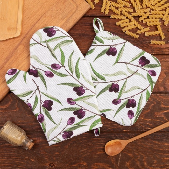 Набор кухонный Доляна Olives: варежка 20х27 см, прихватка 19х19 см, 100% хл Набор кухонный Доляна Olives: варежка 20х27 см, прихватка 19х19 см, 100% хл