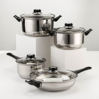 Набор посуды из нержавеющей стали &laquo;Чёрная ночь&raquo;, 8 предметов: ковш 1,5 л, 2 кастрюли 2/3 л, сковорода d=24 см, крышки, стенки 0,3 мм, дно 5 мм