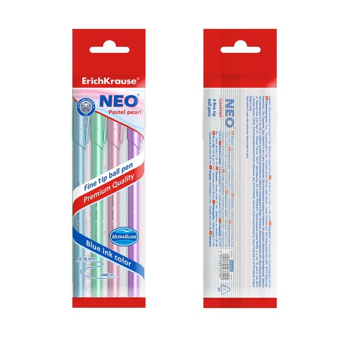 Набор ручек шариковых ErichKrause Neo Pastel pearl, узел 0.7 мм, чернила синие, длина линии письма 1000 метров, 4 штуки, МИКС Набор ручек шариковых ErichKrause Neo Pastel pearl, узел 0.7 мм, чернила синие, длина линии письма 1000 метров, 4 штуки, МИКС