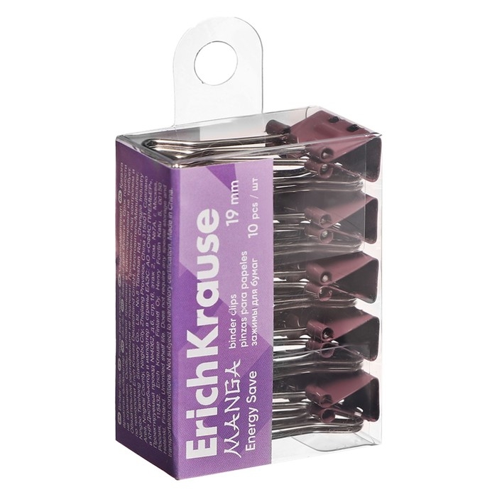 Набор зажимов для бумаг ErichKrause Набор зажимов для бумаг ErichKrause "Energy Save Manga", 19 мм, 10 штук, сиреневые, в пэт-боксе