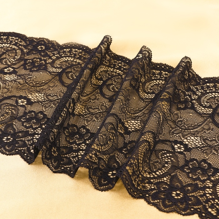 Кружевная эластичная ткань, 190 мм &times; 2,7 &plusmn; 0,5 м, цвет чёрный
