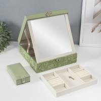 Шкатулка кожзам для украшений "Цветы" тиснение, серо-зелёная 25х25х8 см