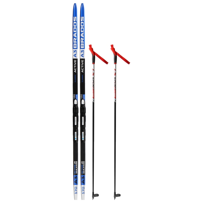 Комплект лыжный: пластиковые лыжи 170 см без насечек, стеклопластиковые палки 130 см, крепления SNS, цвета МИКС Комплект лыжный: пластиковые лыжи 170 см без насечек, стеклопластиковые палки 130 см, крепления SNS, цвета МИКС