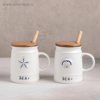 Кружка керамическая с деревянной крышкой и ложкой «Морская», 400 мл, рисунок МИКС Кружка керамическая с деревянной крышкой и ложкой «Морская», 400 мл, рисунок МИКС