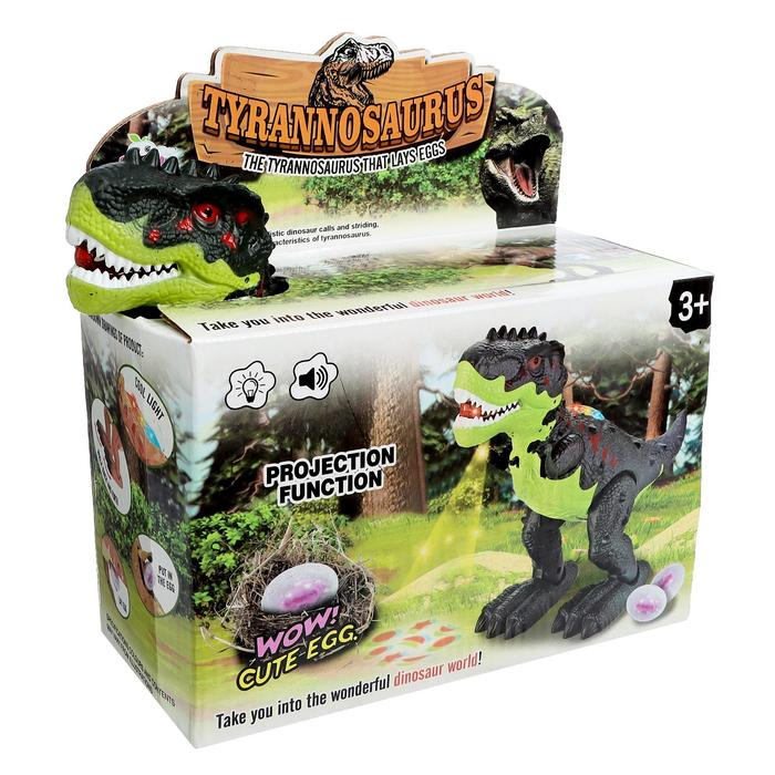 Динозавр &laquo;Рекс&raquo;, откладывает яйца, проектор, свет и звук, работает от батареек, цвет зелёный
