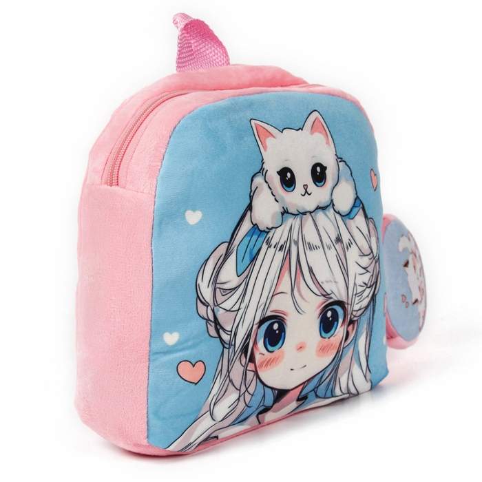 Рюкзак детский плюшевый с кошельком "Девочка с котиком", 24*24 см, цвет розовый