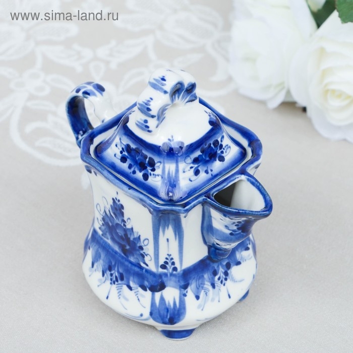 Молочник с крышкой "Ларец", гжель, фарфор, 14х14 см