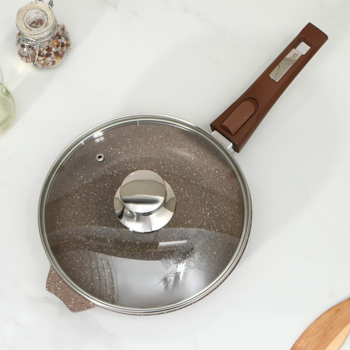 Сковорода &laquo;Гранит&raquo;, d=22 см, съёмная ручка, стеклянная крышка, антипригарное покрытие, цвет коричневый