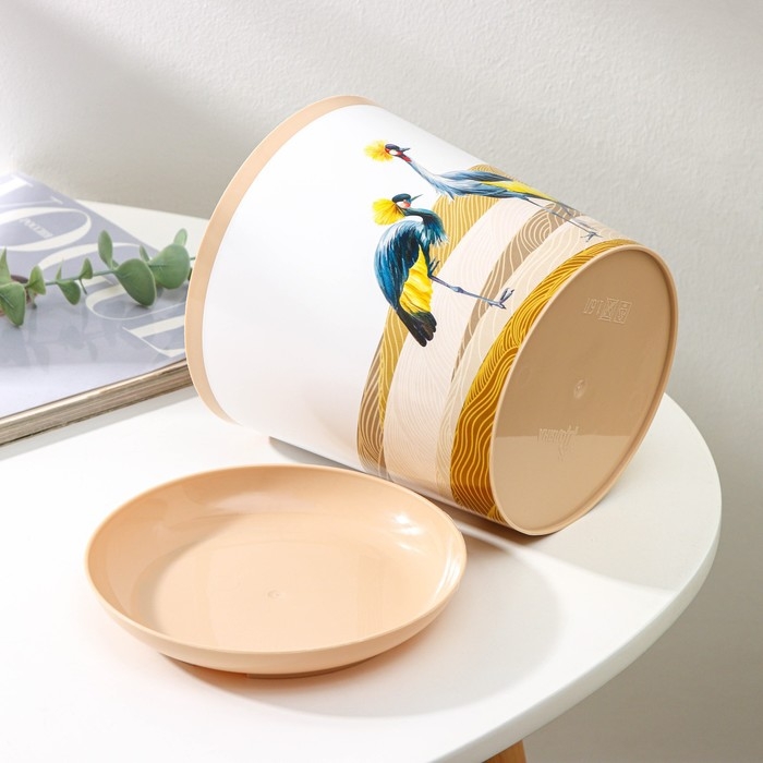 Горшок для цветов с поддоном Доляна &laquo;Каракум. Венценосный журавль&raquo;, 1,6 л, d=14 см, h=15,5 см, цвет бежевый