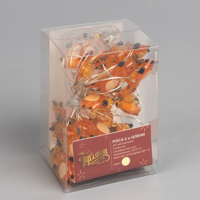 Гирлянда &laquo;Нить&raquo; 2 м роса с насадками &laquo;Олень&raquo;, IP20, серебристая нить, 20 LED, 2 режима, батарейка ААх2 (нет в комплекте), свечение тёплое белое