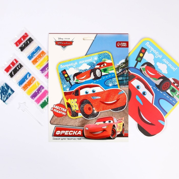 Набор для творчества: фреска песком с блёстками (9 цветов), Набор для творчества: фреска песком с блёстками (9 цветов), "Попробуй догони", Тачки