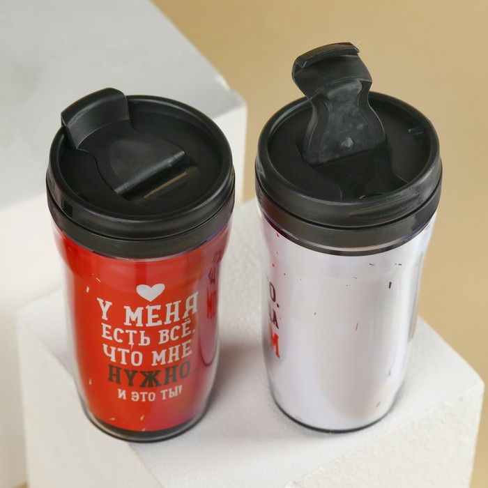Набор парных термостаканов с чёрным чаем, 2 шт. х 250 мл. &laquo;Люблю&raquo;, мята 20 г., тропические фрукты 20 г.