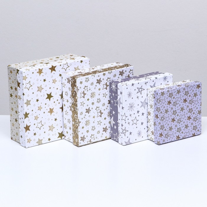 Набор коробок квадратных, 4 в 1 "Звёзды", 20 х 20 х 8 см- 14 х 14 х 5 см