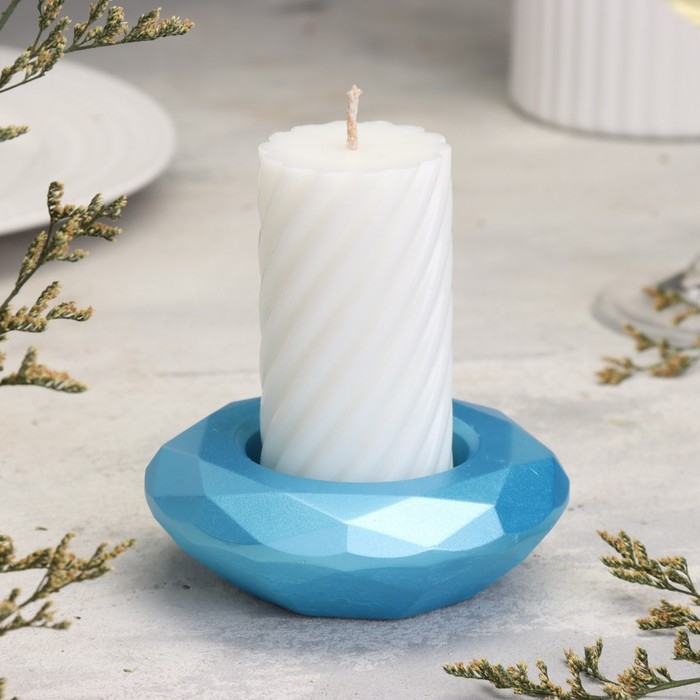 Подсвечник "Полноторие" из гипса с гранями большой, 10,5х3см,голубой