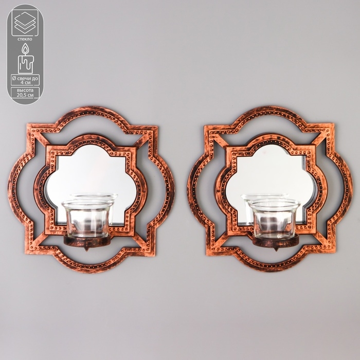 Подсвечник настенный стекло на 1 свечу "Отражение" набор 2 шт d-4 см ст. бронза 8х20х20,5 см