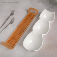 Менажница керамическая 3 ячейки на деревянной подставке &laquo;Эстет&raquo;, 39,8&times;11,4 см, цвет белый