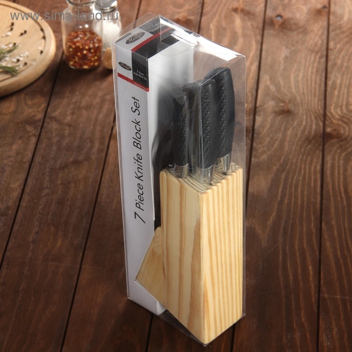 Набор ножей кухонных на подставке, 6 предметов: 5 ножей 8,5 см, 12 см, 12 см, 19,7 см, 19 см, ножницы, цвет чёрный