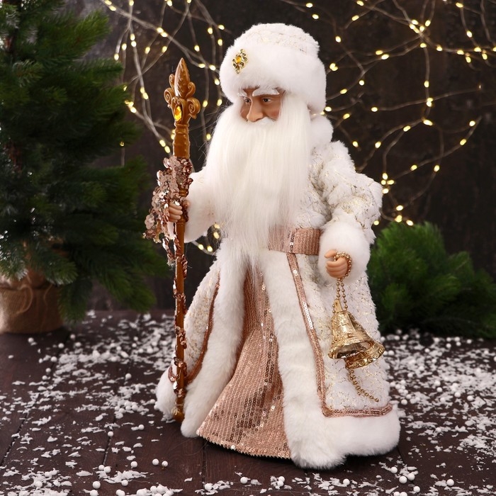 Дед Мороз Дед Мороз "С шишками и посохом" двигается, 40 см, бело-бежевый