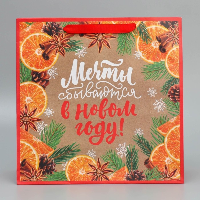 Пакет подарочный новогодний крафтовый квадратный &laquo;Мечты&raquo;, 30 х 30 х 12 см, Новый год