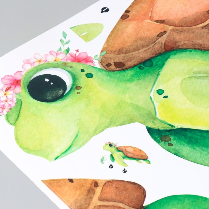 Наклейка пластик интерьерная цветная "Черепашка в цветочном веночке" 40х60 см