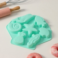 Форма для выпечки Доляна «Морские обитатели», силикон, 26×24×2,5 см, 7 ячеек, цвет бирюзовый Форма для выпечки Доляна «Морские обитатели», силикон, 26×24×2,5 см, 7 ячеек, цвет бирюзовый