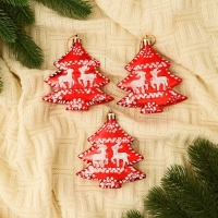 Набор украшений пластик 3 шт "Ёлочки с оленями" 7х9 см, красный