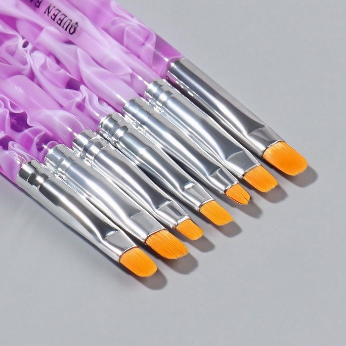 Набор кистей для наращивания и дизайна ногтей, плоские, 7 шт, 14 см, №2/4/6/8/10/12/14, цвет сиреневый