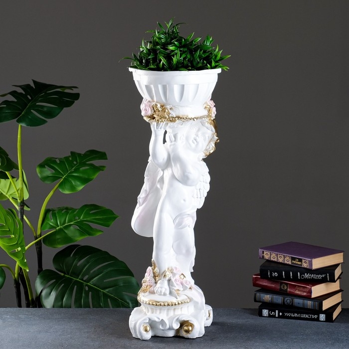 Фигурное кашпо "Ангел с розами", бело-золотой, 1,8 л/ 24х27х70см