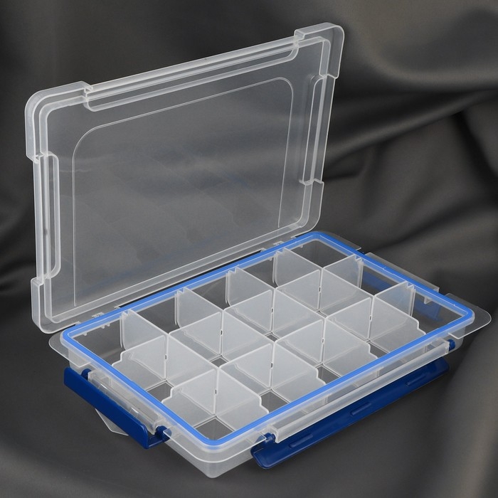 Органайзер для рукоделия, со съёмными ячейками, с подвесом, 15 отделений, 27 &times; 17 &times; 4,3 см, цвет прозрачный/синий