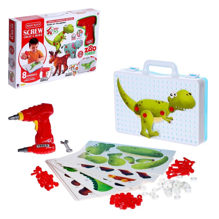Конструктор в чемодане &laquo;Животные&raquo;, с электрическим шуруповертом, 8 животных, 172 детали