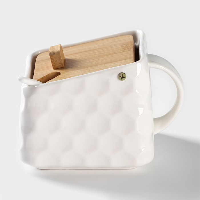 Банка для хранения сыпучих продуктов с ложкой BellaTenero, 750 мл, 14,5&times;11 см, с бамбуковой крышкой, фарфоровые, цвет белый