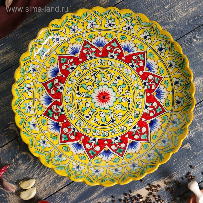 Ляган Риштанская Керамика Ляган Риштанская Керамика "Цветы", 31 см, жёлтый, рифлённый