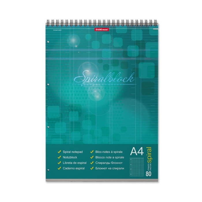 Блокнот на спирали А4, 80 листов, клетка, ErichKrause "Spiralblock", картонная обложка, твёрдая подложка, блок офсет, белизна 100%, микроперфорация, микс