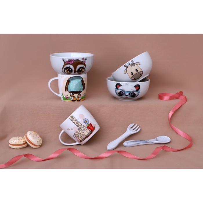 Набор детской посуды из керамики Доляна «Совенок», 2 предмета: кружка 230 мл, миска 400 мл, цвет белый Набор детской посуды из керамики Доляна «Совенок», 2 предмета: кружка 230 мл, миска 400 мл, цвет белый