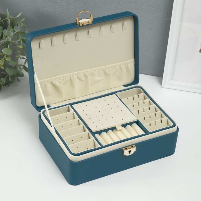 Шкатулка кожзам для украшений "Кулон на сакуре" синяя 16х24х8,5 см