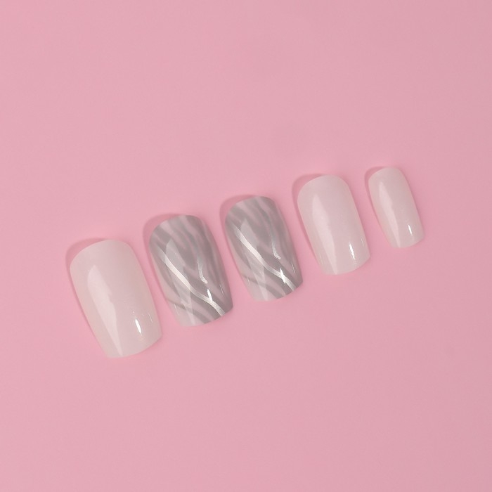 Накладные ногти &laquo;Zebra&raquo;, 24 шт, с клеевыми пластинами, форма мягкий квадрат, цвет белый/серебристый