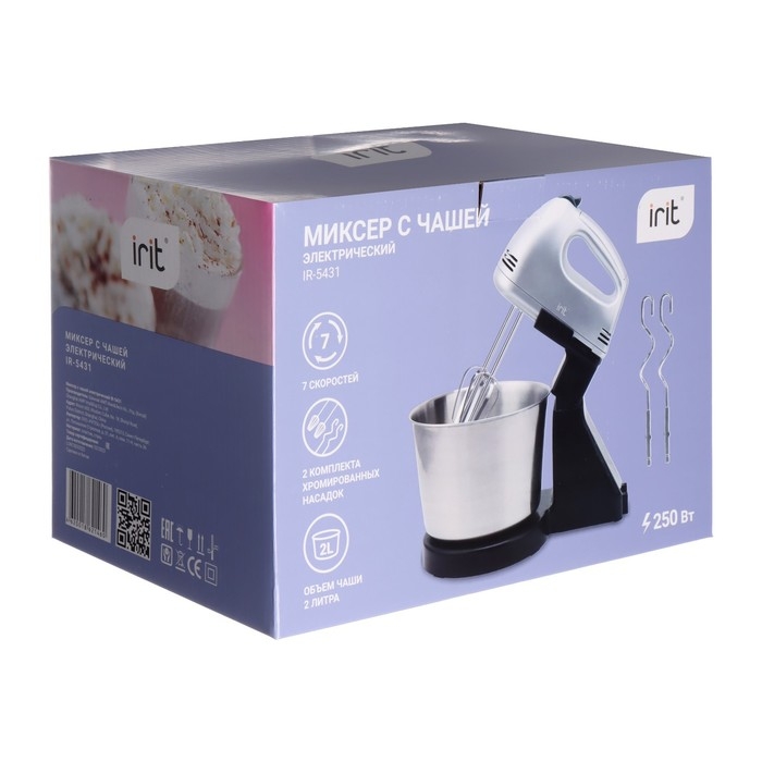 Миксер Irit IR-5431, стационарный, 250 Вт, 2 л, 7 скоростей, 4 насадки, серебристый Миксер Irit IR-5431, стационарный, 250 Вт, 2 л, 7 скоростей, 4 насадки, серебристый