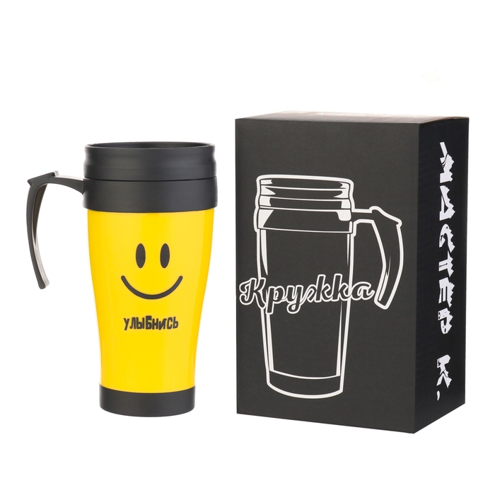 Термокружка с ручкой, 400 мл, Комфорт Термокружка с ручкой, 400 мл, Комфорт "Ну-ка шире улыбнись", 12.5 х 17 см