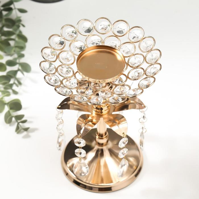 Подсвечник металл, стекло на 1 свечу Подсвечник металл, стекло на 1 свечу "Хрустальные подвески" золото 19,5х14,8х14,8 см