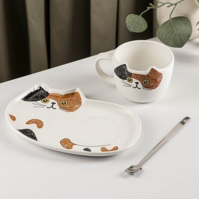 Чайная пара керамическая «Котик», 3 предмета: чашка 200 мл, блюдце 18,5×13,5 см, ложка Чайная пара керамическая «Котик», 3 предмета: чашка 200 мл, блюдце 18,5×13,5 см, ложка