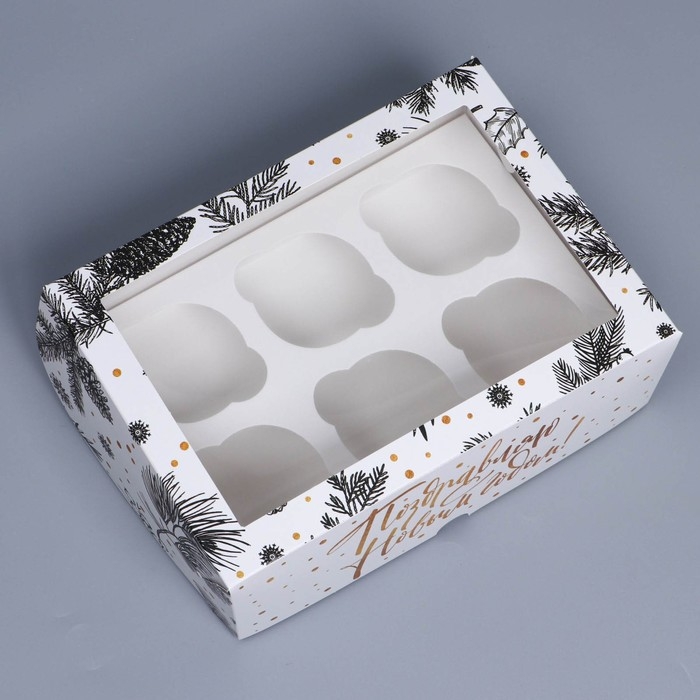 Коробка складная на 6 капкейков с окном &laquo;Поздравляю с Новым годом!&raquo;, 25 х 17 х 10 см, Новый год