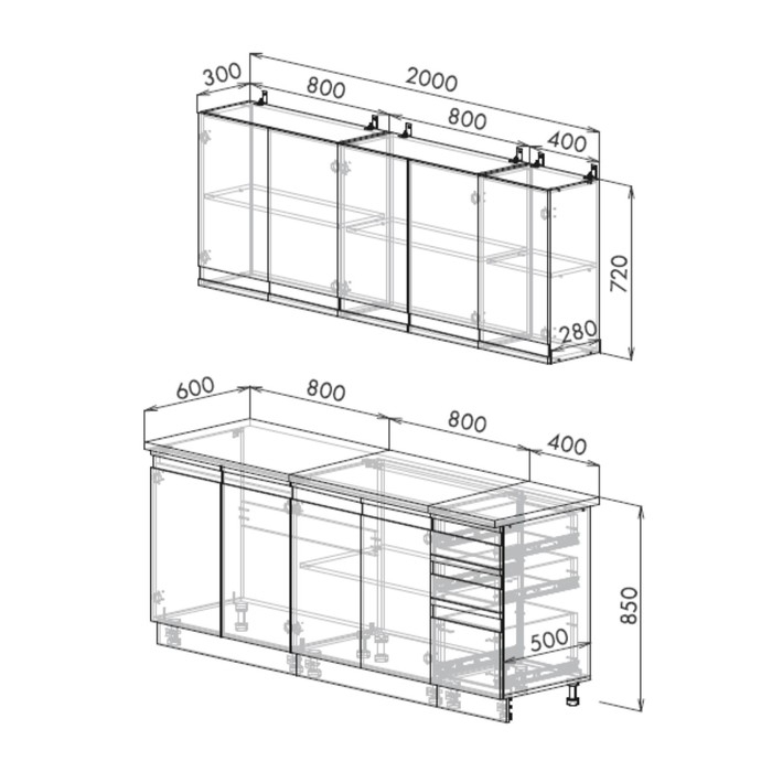 Кухонный гарнитур 2000 Денуа, цельная столешница, МДФ Монте белый мрамор