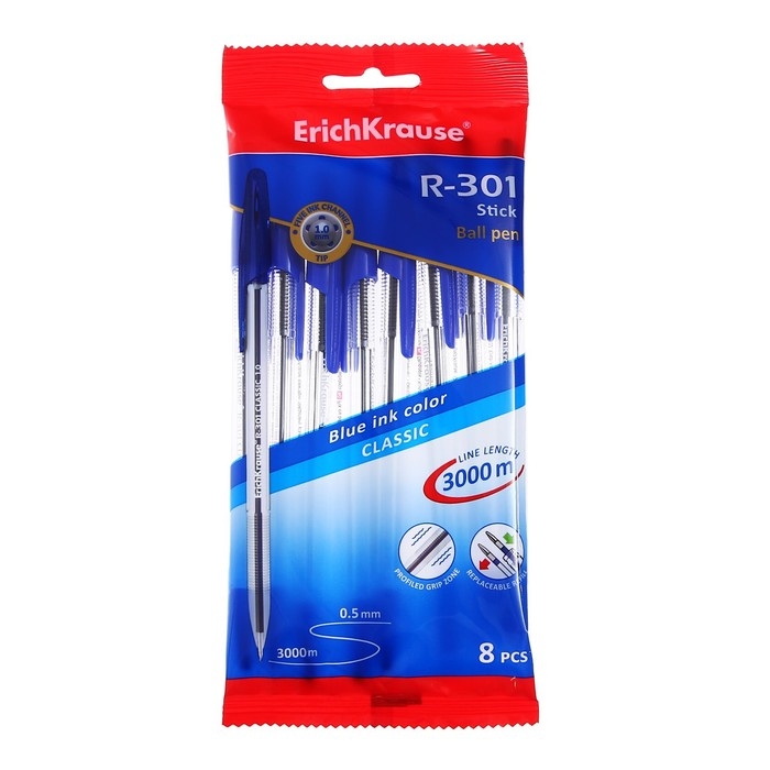 Набор ручек шариковых ErichKrause R-301 Classic Stick, 8 штук, узел 1.0 мм, цвет чернил синий